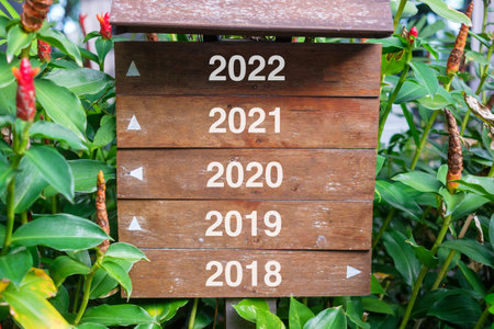 Wood Signpost with Years of 2022, 2021, 2020, 2019 and 2018, Direction sign for choose the future. Resolution, strategy, plan, goal, forward, motivation, reboot, business and New Year holiday conceptsの写真素材