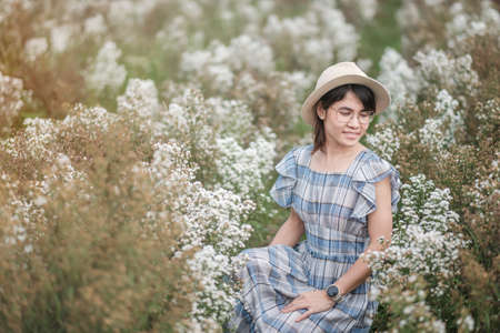 Happy woman tourist in blue dress enjoy in white Margaret flowers garden. travel, nature, vacation and holiday conceptの写真素材