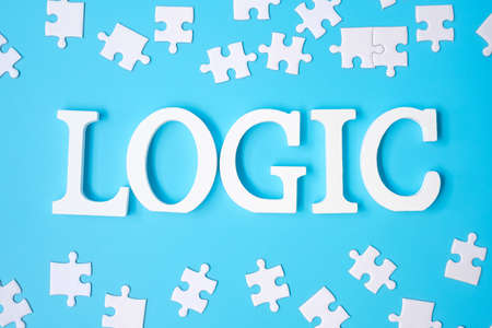 LOGIC text with white puzzle jigsaw pieces on blue background. Concepts of logical thinking, Conundrum, solutions, rational, strategy, world logic day and Educationの写真素材