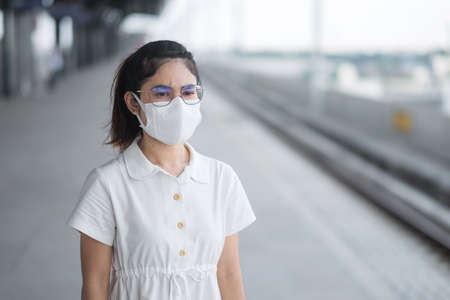 woman wearing Protective face maskの写真素材