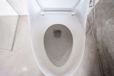 New ceramic toilet bowl and toilet paper. Cleaning, WC, Lifestyle and personal hygiene conceptの写真素材