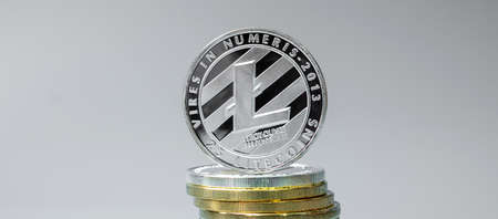 Silver Litecoin (LTC) cryptocurrency coin stack, Crypto is Digital Money within the blockchain network, is exchanged using technology and online internet exchange. Financial conceptの写真素材