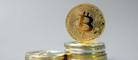 golden Bitcoin cryptocurrency coin stack, Crypto is Digital Money within the blockchain network, is exchanged using technology and online internet exchange. Financial conceptの写真素材