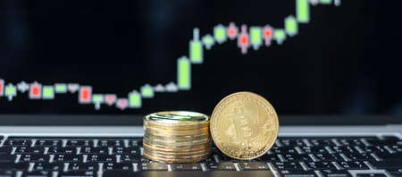 golden Bitcoin cryptocurrency coin with candle graph background, Crypto is Digital Money within the blockchain network, is exchanged using technology and online internet exchange. Financial conceptの写真素材