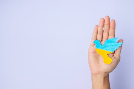 Support for Ukraine in the war with Russia, Hands holding peace dove with flag of Ukraine. Pray, No war, stop war and stand with Ukraine conceptsの写真素材
