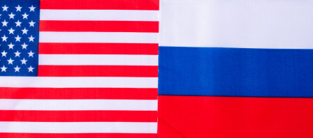United state of America against Russia flags. Sanctions, war, conflict, Politics and relationship conceptの写真素材