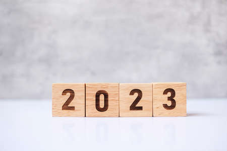 2023 year block on table. goal, Resolution, strategy, plan,, start, budget, mission, action, motivation and New Year holiday conceptsの写真素材
