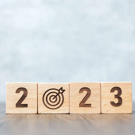 2023 block with dartboard sign. Business Goal, Target, Resolution, strategy, plan, Action motivation, mission, thinking, and New Year start conceptsの写真素材