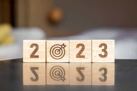 2023 block with dartboard sign. Business Goal, Target, Resolution, strategy, plan, Action motivation, mission, thinking, and New Year start conceptsの写真素材