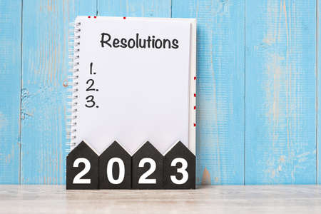 2023 Happy New Year with RESOLUTION word and wooden number. time for a New Start, goal, Plan, Action and Mission Conceptの写真素材