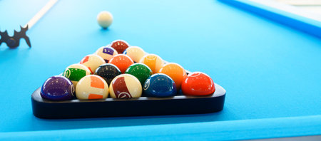 Billiard balls set on the table with a cue, snooker pool