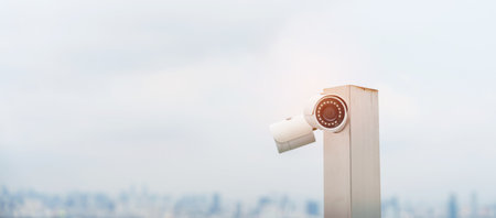 Modern CCTV camera against city and sky background. surveillance, video record and monitoring...