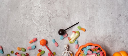 Happy Halloween day with ghost candies, pumpkin,  bowl and decorative. Trick or Threat, Hello October, fall autumn, Festive, party and holiday conceptの写真素材