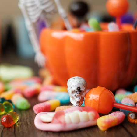 Happy Halloween day with ghost candies, pumpkin bowl, Jack O lantern and decorative (selective focus). Trick or Threat, Hello October, fall autumn, Festive, party and holiday conceptの写真素材