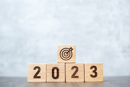 2023 block with dartboard sign. Business Goal, Target, Resolution, strategy, plan, Action motivation, mission, thinking, and New Year start conceptsの写真素材