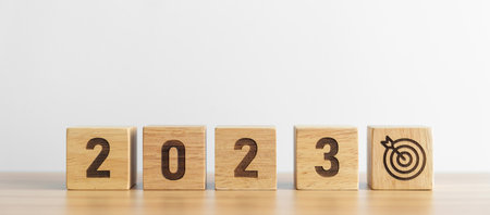 2023 block with dartboard icon. Goal, Target, Resolution, strategy, plan, Action, mission, motivation, and New Year start conceptsの写真素材