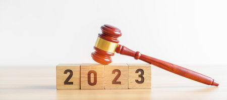 2023 block with  judge gavel on table. Law, lawyer, judgment, justice auction and bidding conceptの写真素材