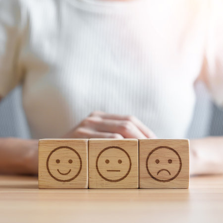 Emotion face block for customer review, experience, feedback, satisfaction, survey, evaluation, assessment, mood, world mental health day conceptの写真素材