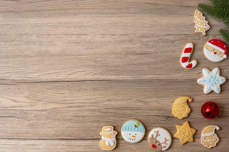 Merry Christmas with homemade cookies on wood table background. Xmas, party, holiday and happy New Year conceptの写真素材