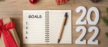 2022 GOAL with notebook, Christmas gift and pen on wood table. Xmas, Happy New Year, Resolution, To do list, start, Strategy and Plan conceptの写真素材