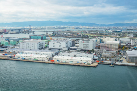 Aerial view of Osaka city and Osaka bay. Osaka, Kansai, Japan, 28 November 2019のeditorial素材