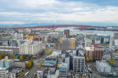 Aerial view of Osaka city and Minato bridge in Autumn foliage season. Osaka, Kansai, Japan, 28 November 2019のeditorial素材