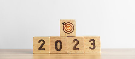 2023 block with dartboard icon. Goal, Target, Resolution, strategy, plan, Action, mission, motivation, and New Year start conceptsの写真素材