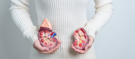 woman holding Anatomical human kidney Adrenal gland model. disease of Urinary system and Stones,...