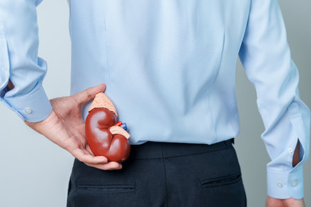 Man holding Anatomical human kidney Adrenal gland model. disease of Urinary system and Stones,...