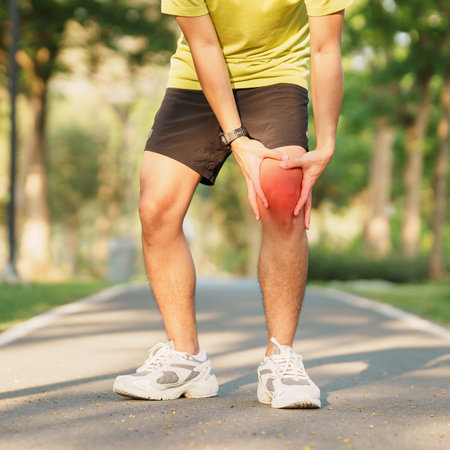 Young adult male with muscle pain during running. runner have knee ache due to Runners Knee or Patellofemoral Pain Syndrome, osteoarthritis and Patellar Tendinitis. Sports injuries and medical conceptの写真素材