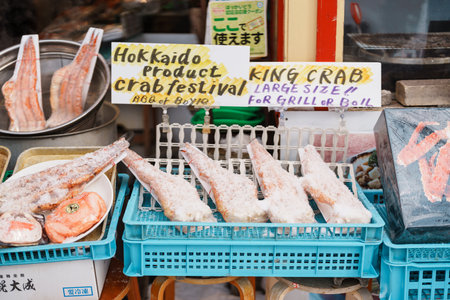 seafood products in Otaru Market. landmark and popular for attractions in Hokkaido, Japan. Otaru, Japan 8 February 2023のeditorial素材