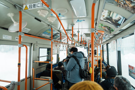 Tourists in Bus transportation to Asahiyama zoo. landmark and popular for tourists attractions in Asahikawa, Hokkaido, Japan. Asahikawa, Japan, 3 February 2023のeditorial素材