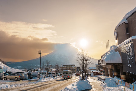 Beautiful Yotei Mountain with Snow in winter season at Niseko. landmark and popular for Ski and Snowboarding tourists attractions in Hokkaido, Japan. Niseko, Japan, 6 February 2023のeditorial素材