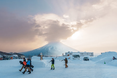 Beautiful Yotei Mountain with Snow in winter season at Niseko. landmark and popular for Ski and Snowboarding tourists attractions in Hokkaido, Japan. Niseko, Japan, 6 February 2023のeditorial素材