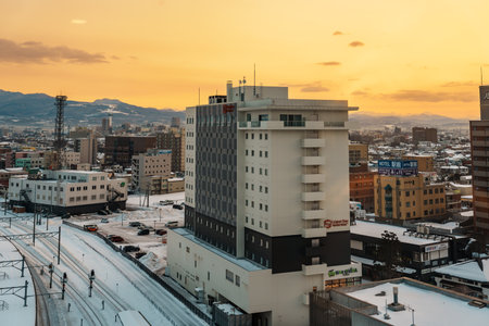 Beautiful landscape and cityscape from Hakodate train station with Snow in winter season. Hakodate, Japan, 7 February 2023のeditorial素材