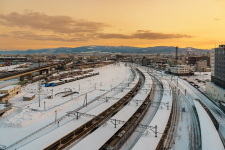 Beautiful landscape and cityscape from Hakodate train station with Snow in winter season. Hakodate, Japan, 7 February 2023のeditorial素材