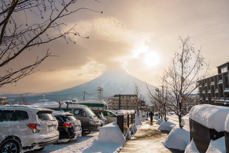 Beautiful Yotei Mountain with Snow in winter season at Niseko. landmark and popular for Ski and Snowboarding tourists attractions in Hokkaido, Japan. Niseko, Japan, 6 February 2023のeditorial素材