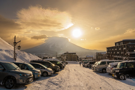 Beautiful Yotei Mountain with Snow in winter season at Niseko. landmark and popular for Ski and Snowboarding tourists attractions in Hokkaido, Japan. Niseko, Japan, 6 February 2023のeditorial素材