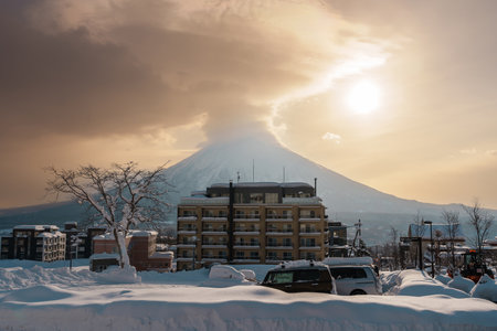 Beautiful Yotei Mountain with Snow in winter season at Niseko. landmark and popular for Ski and Snowboarding tourists attractions in Hokkaido, Japan. Niseko, Japan, 6 February 2023のeditorial素材
