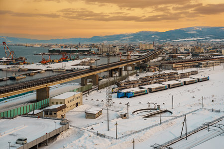 Beautiful landscape and cityscape from Hakodate train station with Snow in winter season. Hakodate, Japan, 7 February 2023のeditorial素材