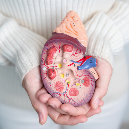 woman holding Anatomical human kidney Adrenal gland model. disease of Urinary system and Stones, Cancer, world kidney day, Chronic kidney and Organ Donor Day conceptの写真素材