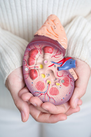 woman holding Anatomical human kidney Adrenal gland model. disease of Urinary system and Stones, Cancer, world kidney day, Chronic kidney and Organ Donor Day conceptの写真素材