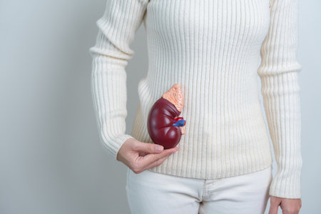 woman holding Anatomical human kidney Adrenal gland model. disease of Urinary system and Stones,...