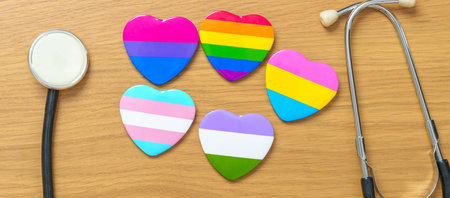 LGBT pride month concept or LGBTQ+ or LGBTQIA+. rainbow and colorful heart shape with Stethoscope for Lesbian, Gay, Bisexual, Transgender, Queer and Pansexual communityの写真素材