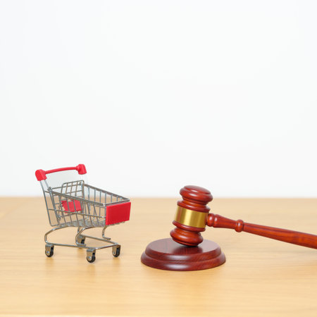 Judge gavel and small shopping cart on desk. online auction and bidding, Trade Regulations, Consumer protection Law, online shopping, E commerce, Tax, Digital, justice and judgment conceptの写真素材