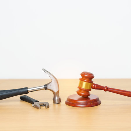 Labor law and Worker concepts. Construction hammer with gavel justice hammer on desk in courthouse.