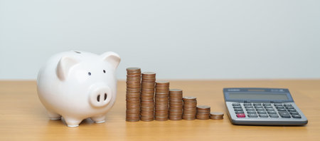 Money Saving for Future Plan, Retirement fund, Pension, Investment, Wealth Business and Financial concepts. Calculator, money coins stack with piggy bank for deposit on tableの写真素材