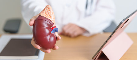 Doctor with Kidney Adrenal gland anatomy model and tablet. disease of Urinary system and Stones,...