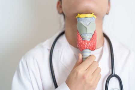 Doctor with human Thyroid anatomy model. Hyperthyroidism, Hypothyroidism, Hashimoto Thyroiditis,...