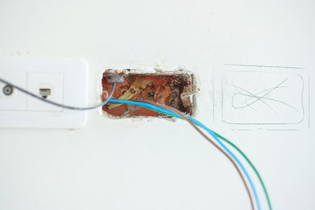 Electrical Wiring installation cables for socket. Renovation, Repair and development of home and apartment conceptsの写真素材